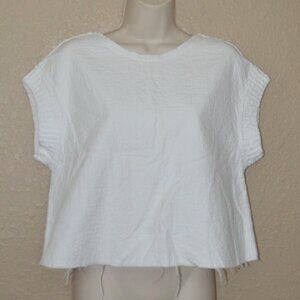 Sz XS Louiza Babouryan White Contrast Crop Raw Hem Cap Sleeve Sweater Top